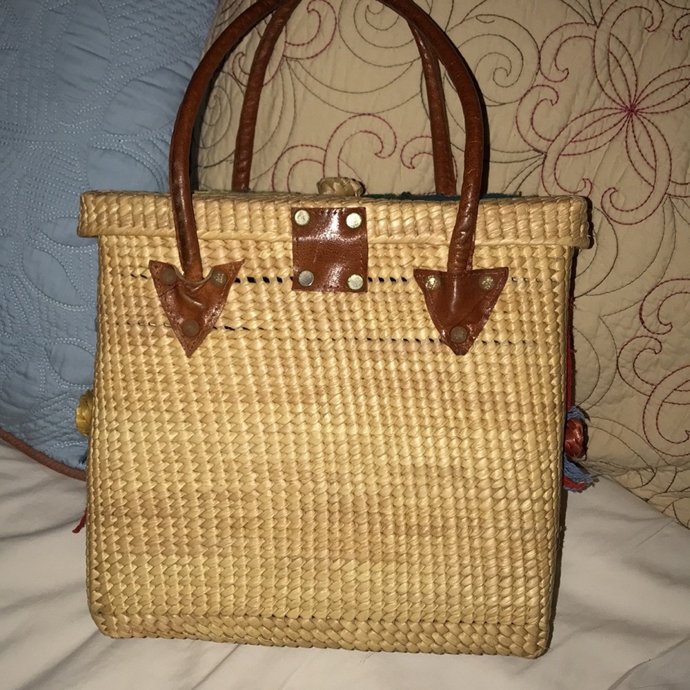 Vtg 1970s Handwoven Boho Straw Floral Handbag - Picture 2 of 14